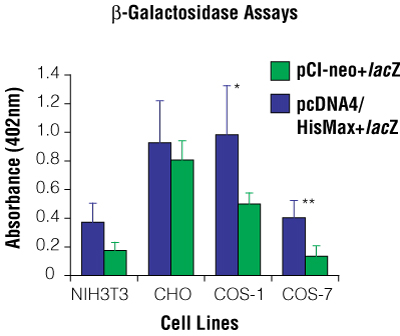 Levels of B-galactosidase expression for pCI-neo+lacZ and pcDNA4/HisMax+lacZ in different cell lines.