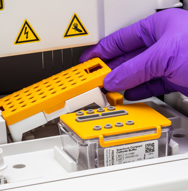 Inserting a cartridge into the Spectrum Compact CE system.