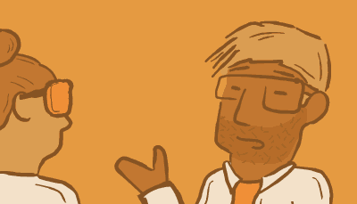 A scientist in glasses talks to a scientist in goggles